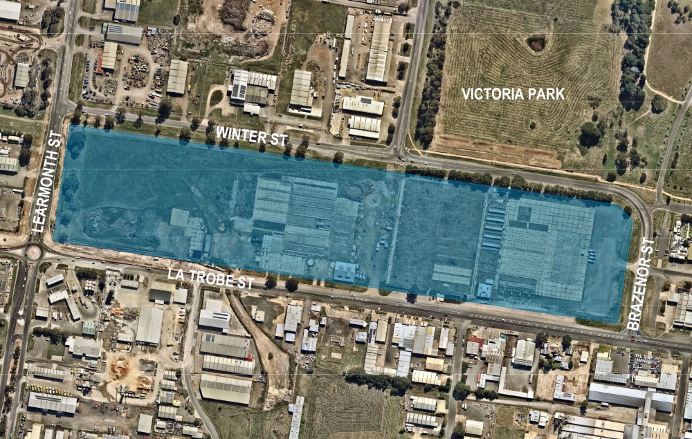 Footprint of the Ballarat Games Village site in Delacombe, bordered by Learmonth Street to the west, Winter Street to the north, Brazenor Street to the east, and La Trobe Street to the south.