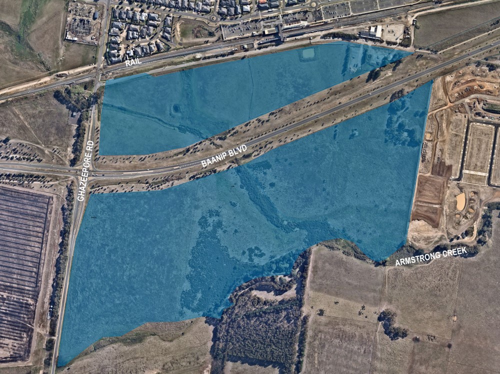 Footprint of the Geelong Games Village in Mount Duneed, immediately to the south of Waurn Ponds Station, bordered by Ghazeepore Road to the south, the rail line to the north, and Baanip Boulevard running through the centre from east to west.