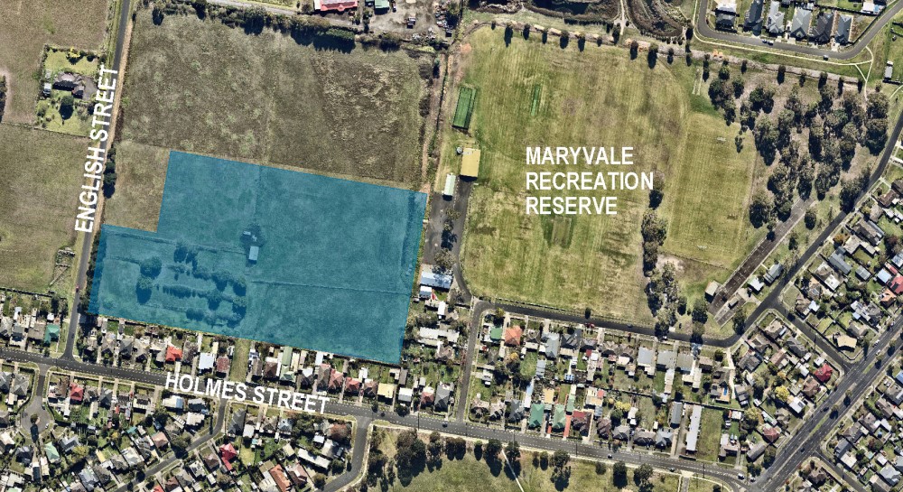 Footprint of the Games Village in Morwell, bordered by English Street to the west, and Holmes Street to the south, with Maryvale Recreation Reserve to the north east.